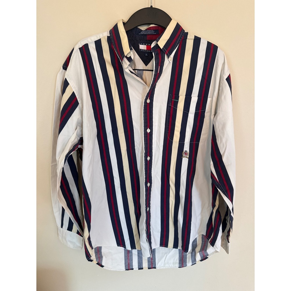 Tommy Hilfiger Vintage Mens Striped Button Down Shirt Long Sleeve Crest Logo M